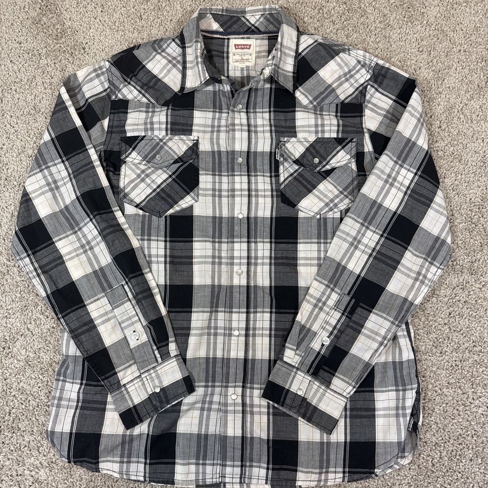 Levi's Plaid Pearl Snap Shirt Men's Large Black Gray Western Long Sleeve EUC L